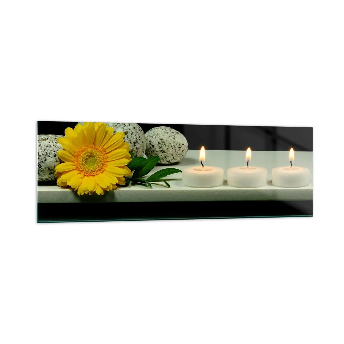Impression sur verre - Image sur verre - Fleur jaune, bougies et pierres sur fond d'eau - 160x50cm - Apaisement des sens - Décoration murale moderne pour le salon et la chambre ARTTOR