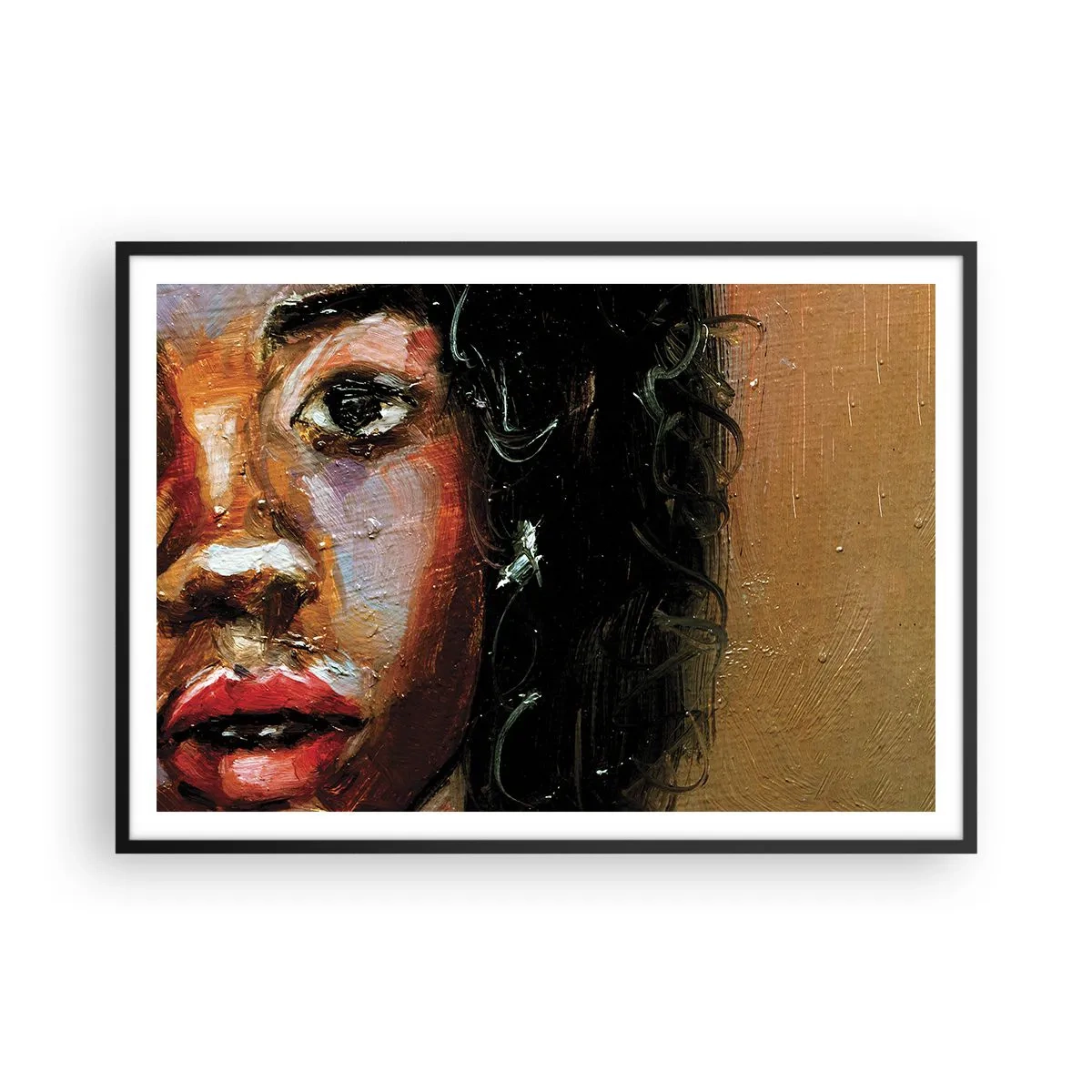 Affiche dans un cadre noir - Poster - Un portrait expressif d'une femme aux couleurs intenses. - 100x70cm - Noir et brillant - Décoration murale moderne pour le salon et la chambre ARTTOR