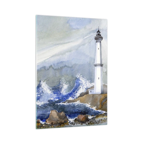 Impression sur verre - Image sur verre - Un phare au bord d'une mer agitée dans un style aquarelle - 50x70cm - Contre l'obscurité et la tempête - Décoration murale moderne pour le salon et la chambre ARTTOR