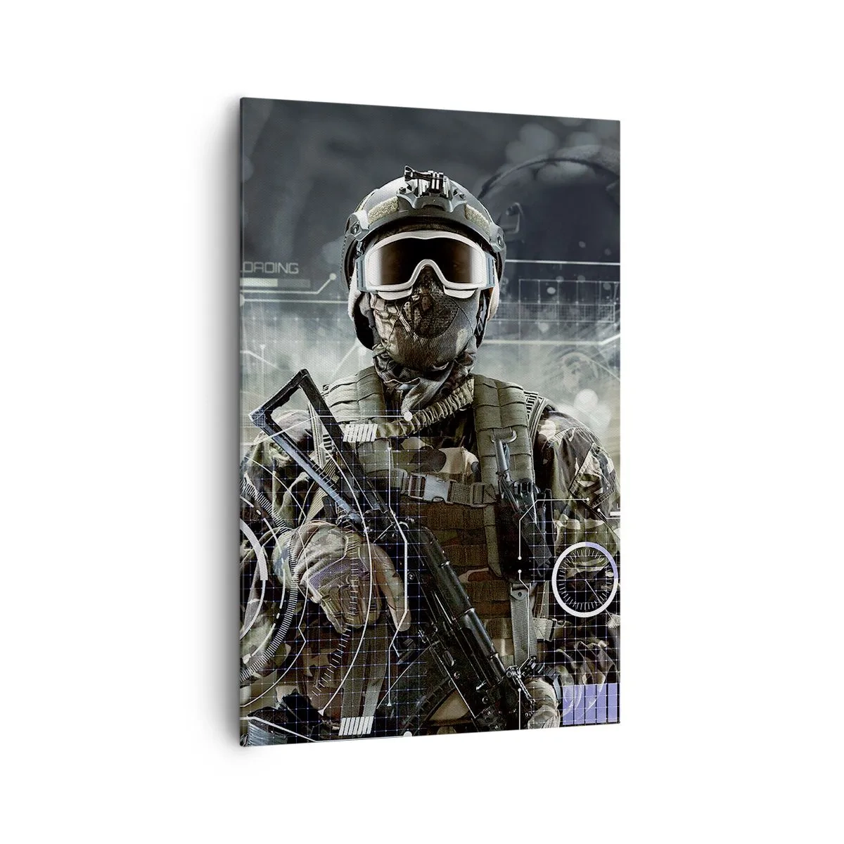Impression sur toile - Image sur toile - Un soldat portant un casque futuriste avec une arme à feu en arrière-plan de la technologie. - 80x120cm - Puissance sans limite - Décoration murale moderne pour le salon et la chambre ARTTOR