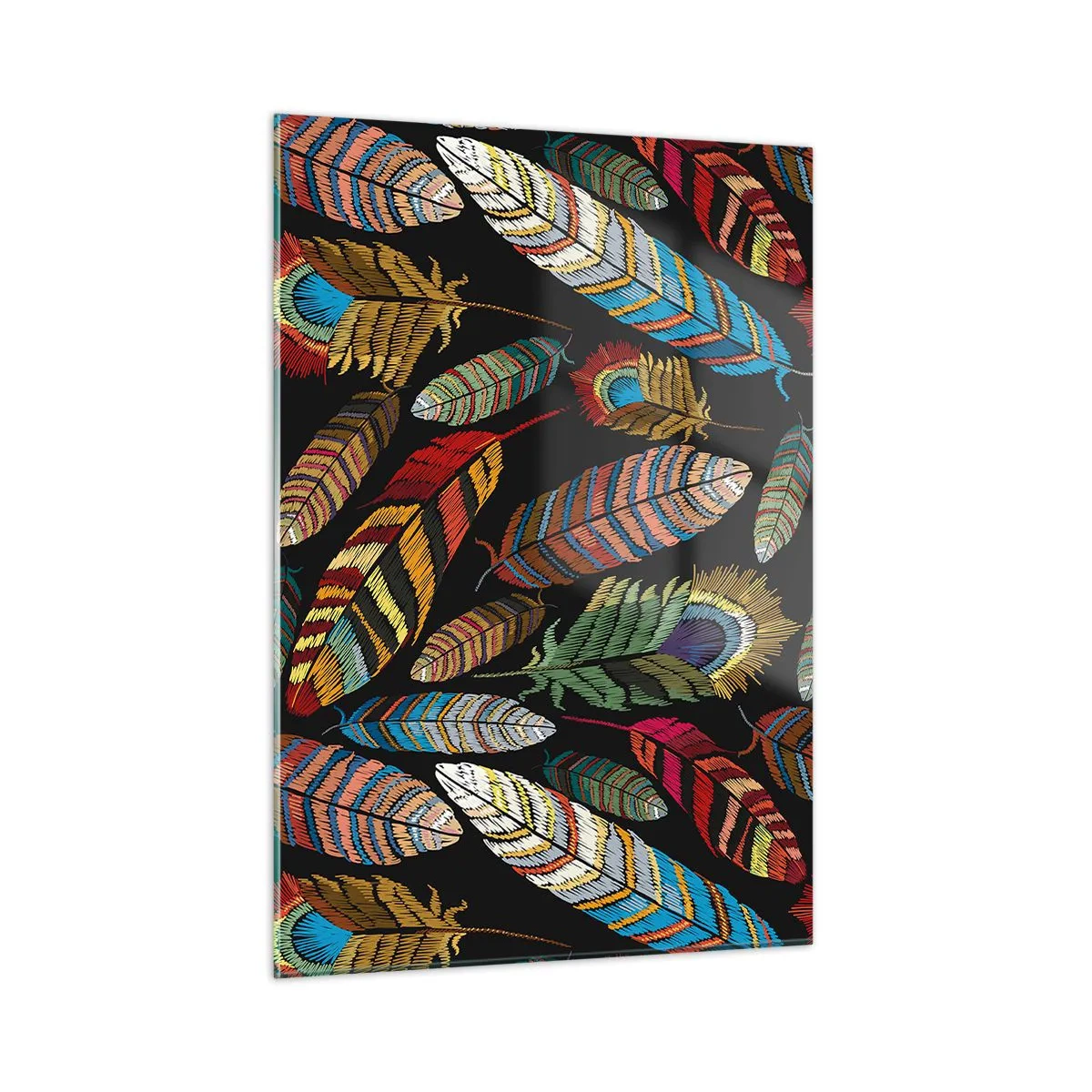 Impression sur verre - Image sur verre - Plumes colorées sur fond sombre dans un motif artistique - 50x70cm - Le carnaval des oiseaux - Décoration murale moderne pour le salon et la chambre ARTTOR