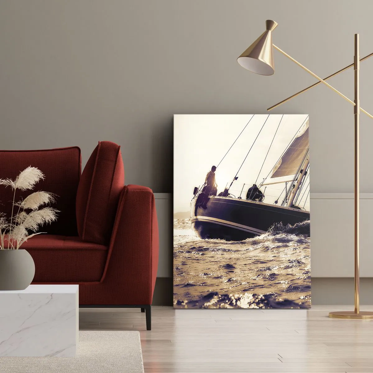 Impression sur toile - Image sur toile - Un yacht sur une mer agitée à la lumière du soleil couchant - 80x120cm - Navigue, marin - Décoration murale moderne pour le salon et la chambre ARTTOR