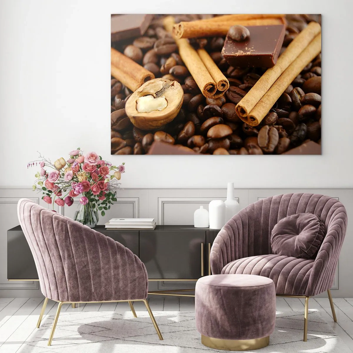 Impression sur verre - Image sur verre - Gros plan sur le café, la cannelle, le chocolat et les noix - 70x50cm - Concert d'aromates - Décoration murale moderne pour le salon et la chambre ARTTOR