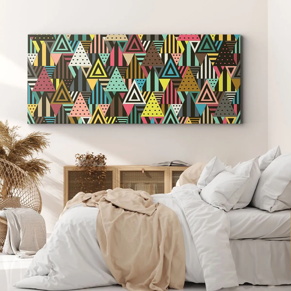 Impression sur toile - Image sur toile - Motif géométrique coloré avec des triangles et des lignes - 120x50cm - En rythme de trois - Décoration murale moderne pour le salon et la chambre ARTTOR