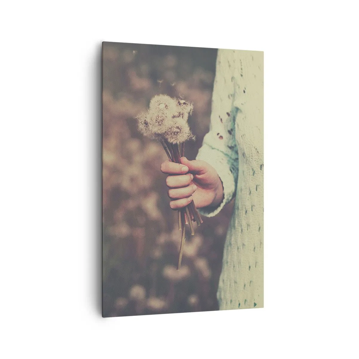 Impression sur toile - Image sur toile - Une main tenant des pissenlits sur un fond flou d'un champ plein de fleurs. - 80x120cm - Merci de les garder - Décoration murale moderne pour le salon et la chambre ARTTOR