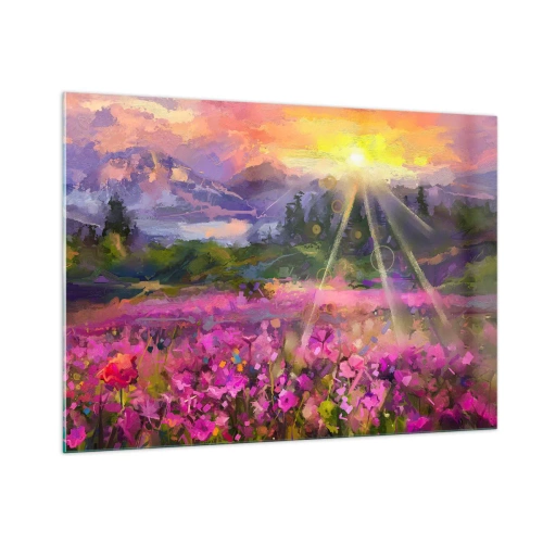 Impression sur verre - Image sur verre - Une vallée pittoresque pleine de fleurs illuminées par les rayons du soleil - 100x70cm - Dans la vallée à l'abri du soleil - Décoration murale moderne pour le salon et la chambre ARTTOR