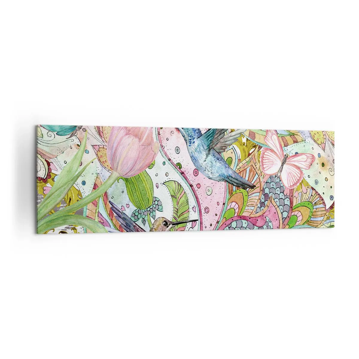 Impression sur toile - Image sur toile - Colibris et papillons colorés parmi les plantes - 160x50cm - Empêtré dans les vignes - Décoration murale moderne pour le salon et la chambre ARTTOR