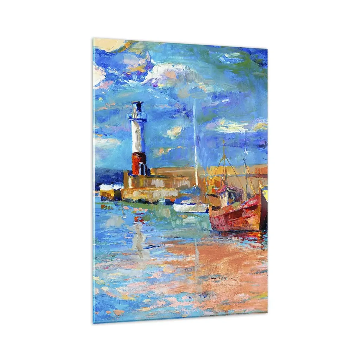 Impression sur verre - Image sur verre - Port de pêche avec bateaux et phare aux couleurs vives - 80x120cm - Un après-midi dans la baie arc-en-ciel - Décoration murale moderne pour le salon et la chambre ARTTOR