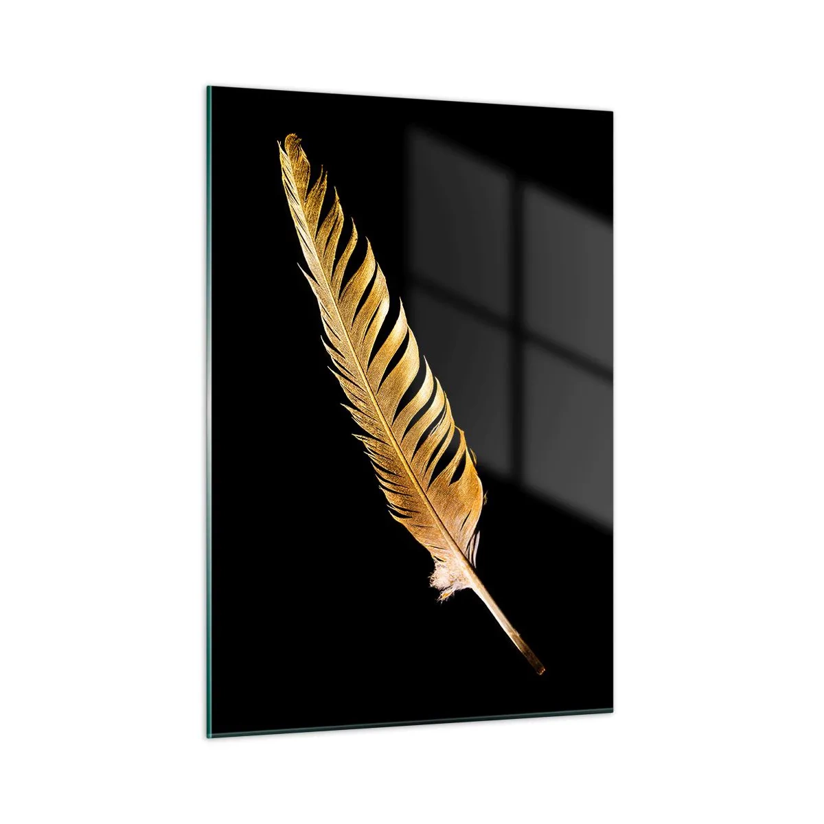 Impression sur verre - Image sur verre - Une plume dorée sur fond noir dans un style minimaliste - 50x70cm - Sans porte-plume - Décoration murale moderne pour le salon et la chambre ARTTOR