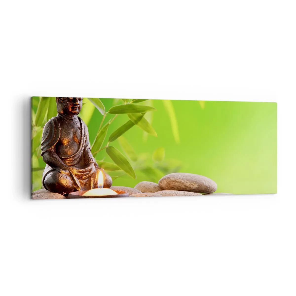 Impression sur toile - Image sur toile - Figure de Bouddha avec des pierres et une bougie sur un fond de bambou - 140x50cm - La vie est belle - Décoration murale moderne pour le salon et la chambre ARTTOR