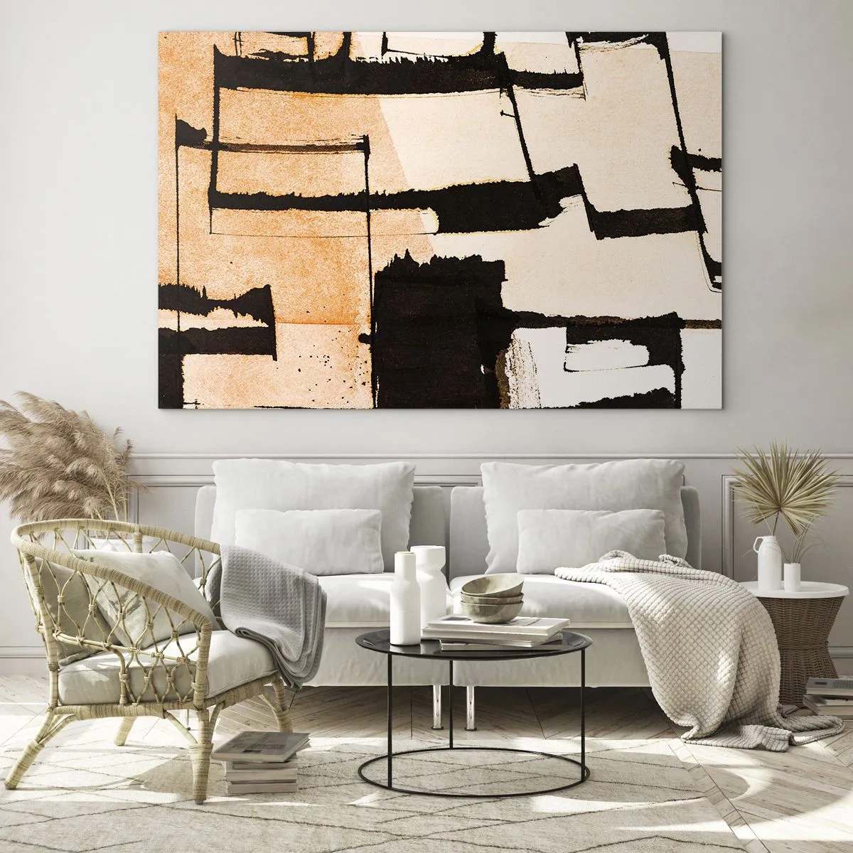 Impression sur verre - Image sur verre - Abstraction géométrique dans les tons beige et noir - 70x50cm - De l’ordre malgré tout - Décoration murale moderne pour le salon et la chambre ARTTOR