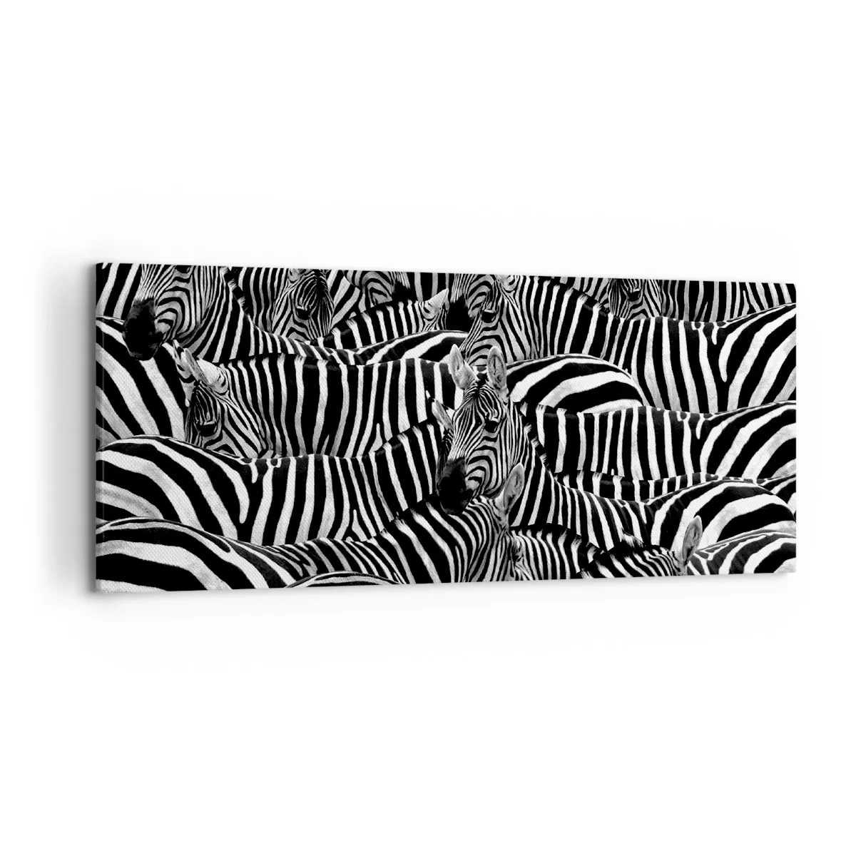 Impression sur toile - Image sur toile - Un groupe de zèbres avec des rayures noires et blanches créant un motif de symétrie. - 120x50cm - Portrait collectif à rayures - Décoration murale moderne pour le salon et la chambre ARTTOR