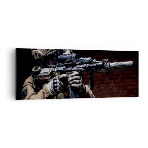 Impression sur toile - Image sur toile - Un soldat en équipement complet avec un fusil - 140x50cm - Meurtrier efficace - Décoration murale moderne pour le salon et la chambre ARTTOR