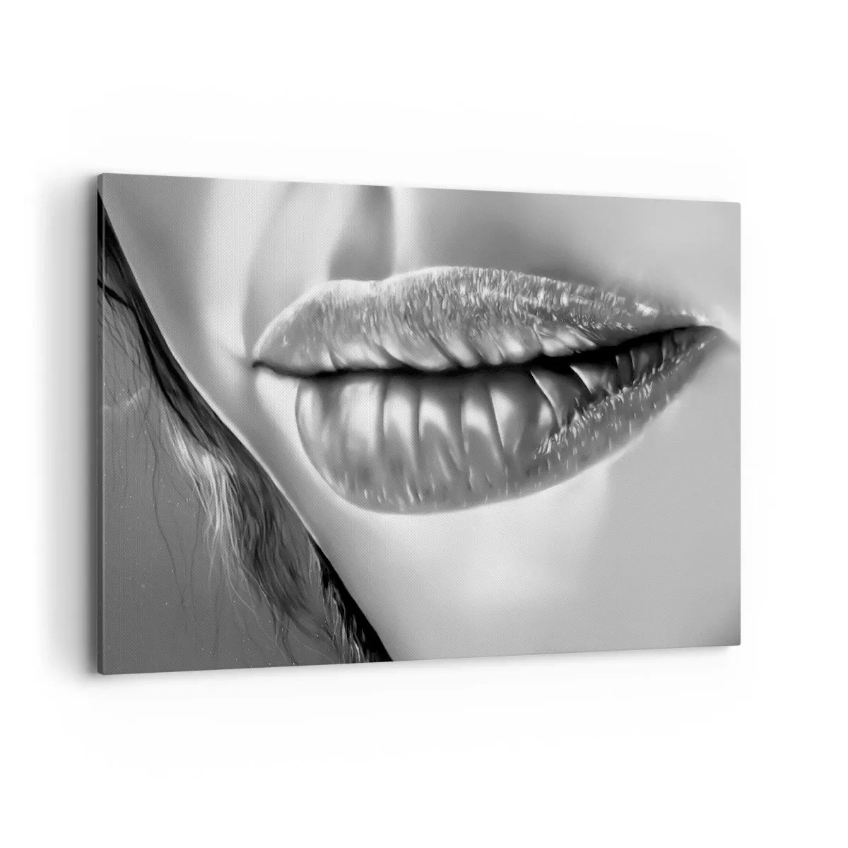 Impression sur toile - Image sur toile - Gros plan noir et blanc des lèvres d'une femme avec un effet brillant et des détails. - 120x80cm - Je sais à quoi tu penses… - Décoration murale moderne pour le salon et la chambre ARTTOR