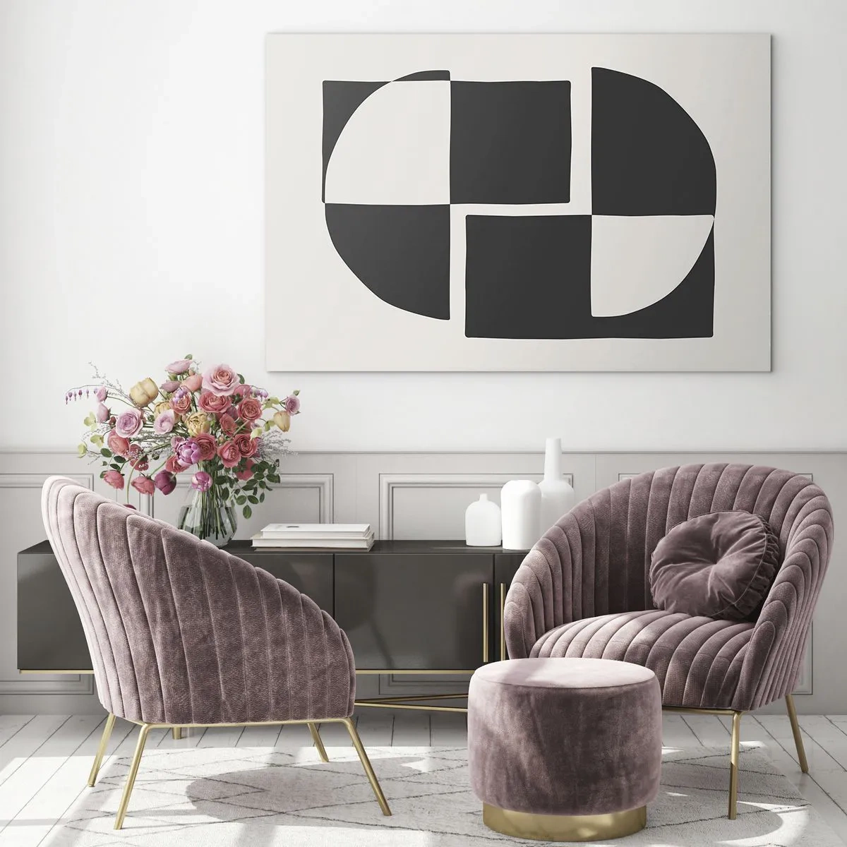 Impression sur verre - Image sur verre - Composition géométrique de formes noires et blanches - 70x50cm - Antithèse - Synthèse - Décoration murale moderne pour le salon et la chambre ARTTOR