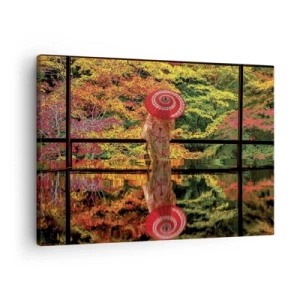 Impression sur toile - Image sur toile - Une femme en kimono avec un parapluie sur fond de paysage d'automne. - 70x50cm - Dans le temple de la nature - Décoration murale moderne pour le salon et la chambre ARTTOR