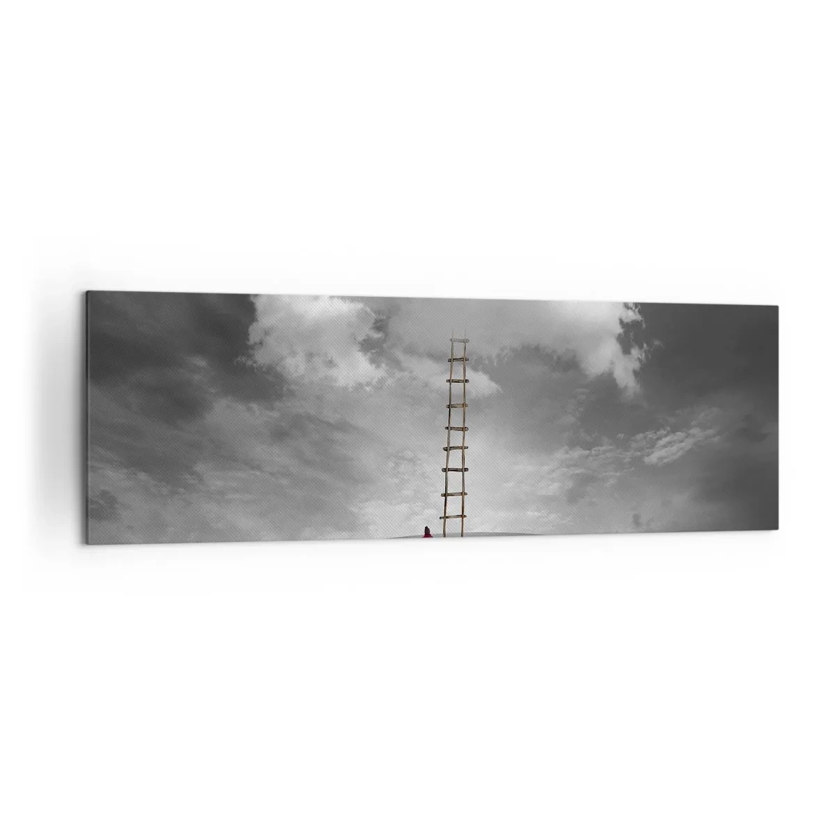 Impression sur toile - Image sur toile - Une personne portant un manteau rouge et une échelle menant à un nuage - 160x50cm - Tout est possible - Décoration murale moderne pour le salon et la chambre ARTTOR