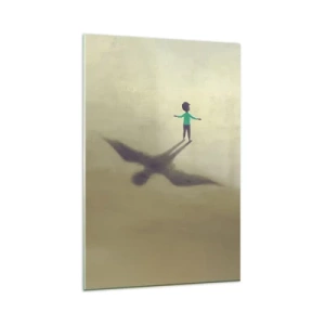 Impression sur verre - Image sur verre - Une figure symbolique d'un enfant avec l'ombre d'un oiseau sur un fond aux tons chauds. - 80x120cm - Héros du futur - Décoration murale moderne pour le salon et la chambre ARTTOR
