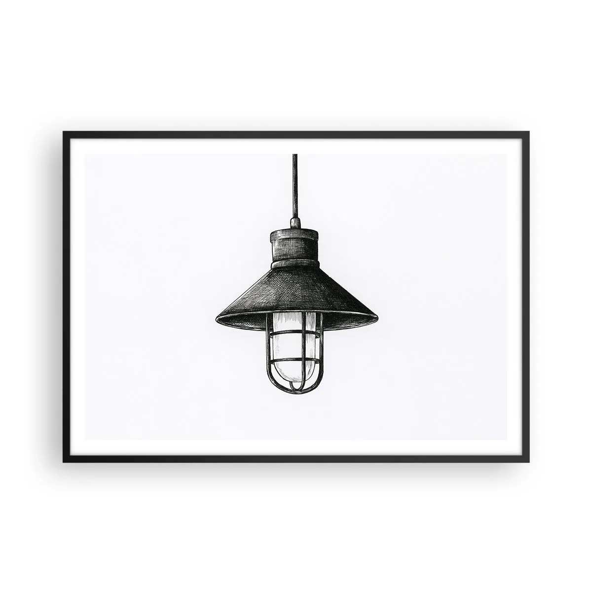 Affiche dans un cadre noir - Poster - Dessin d'une lampe suspendue rétro sur fond blanc - 100x70cm - Comme il y a des années… - Décoration murale moderne pour le salon et la chambre ARTTOR