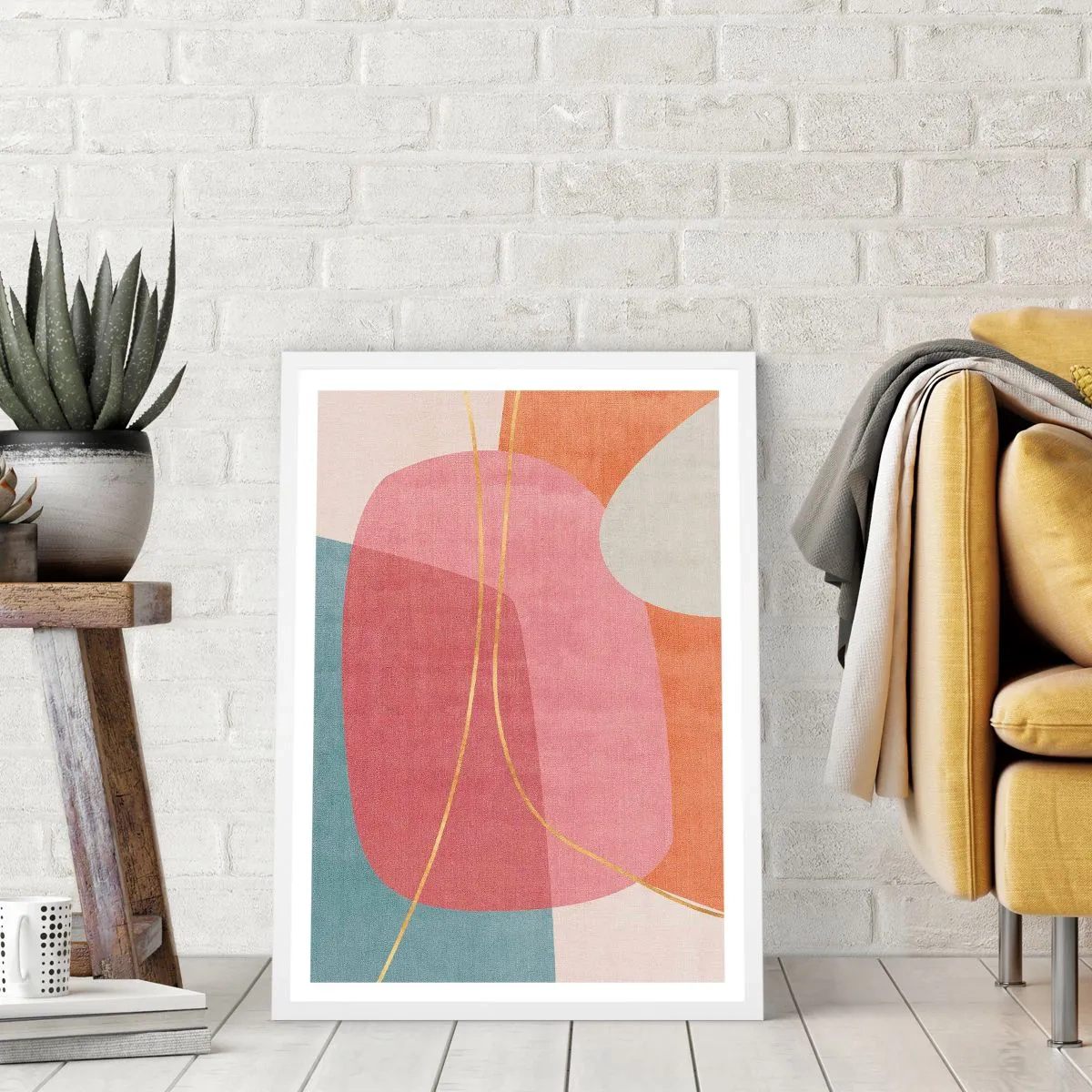 Affiche dans un cadre blanc - Poster - Composition pastel au fil d'or - 61x91 cm