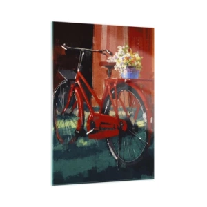 Impression sur verre - Image sur verre - Un vélo rouge avec des fleurs devant un bâtiment rouge - 50x70cm - I want to ride my bicycle - Décoration murale moderne pour le salon et la chambre ARTTOR