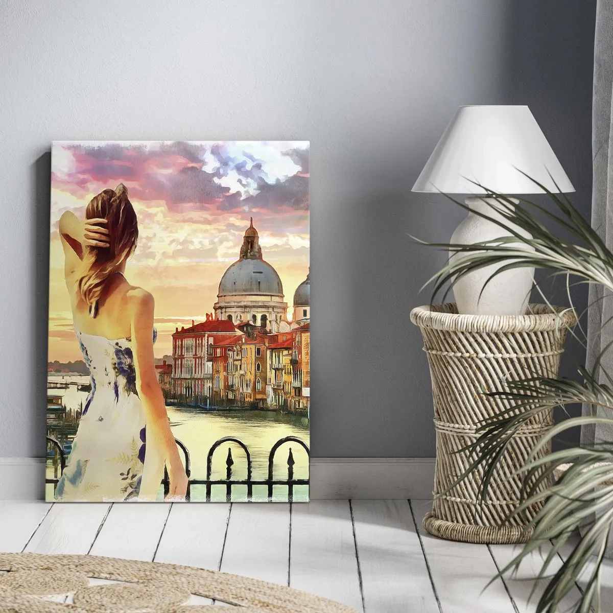 Impression sur toile - Image sur toile - Une femme admirant le paysage pittoresque au bord du canal - 50x70cm - Pour une aventure c'est uniquement dans ... - Décoration murale moderne pour le salon et la chambre ARTTOR