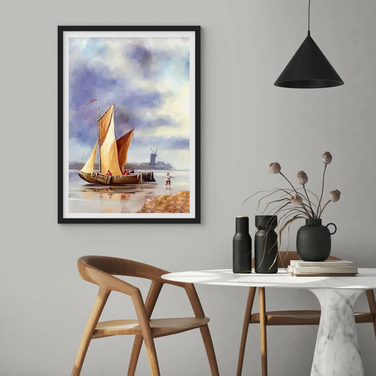 Affiche dans un cadre noir - Poster - Un voilier sur le rivage avec un moulin à vent en arrière-plan - 50x70cm - Retour de marin - Décoration murale moderne pour le salon et la chambre ARTTOR
