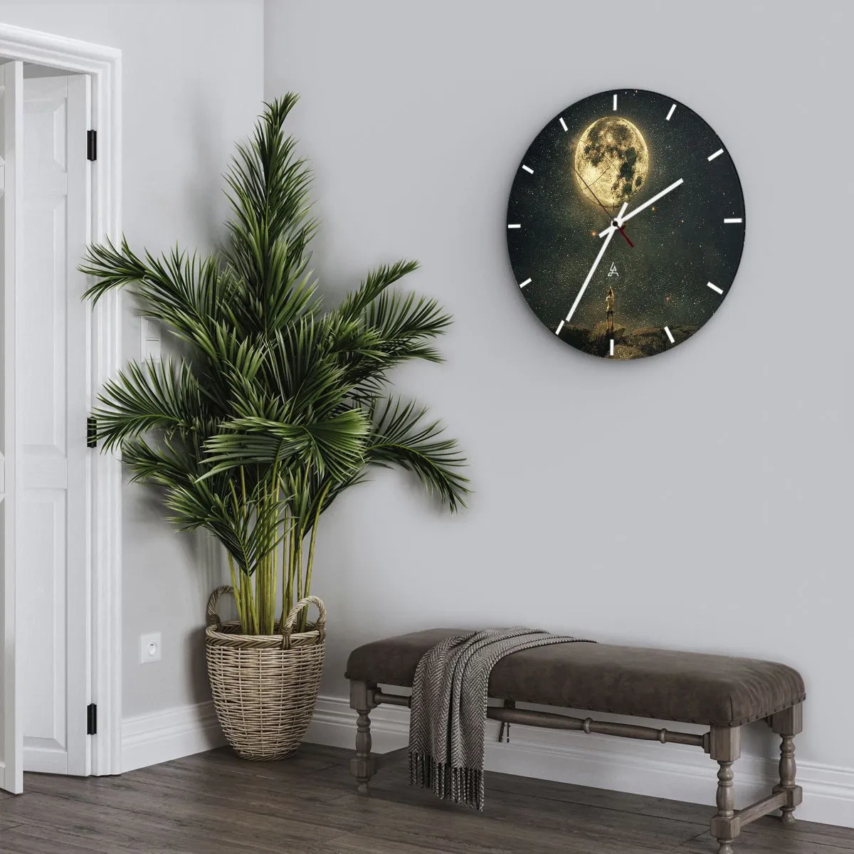 Horloge murale - Pendule murale - Une personne sur un rocher attrapant la lune dans un ciel étoilé - 30x30cm - Celui qui a volé la lune - Décoration murale moderne pour le salon, la cuisine et la chambre ARTTOR