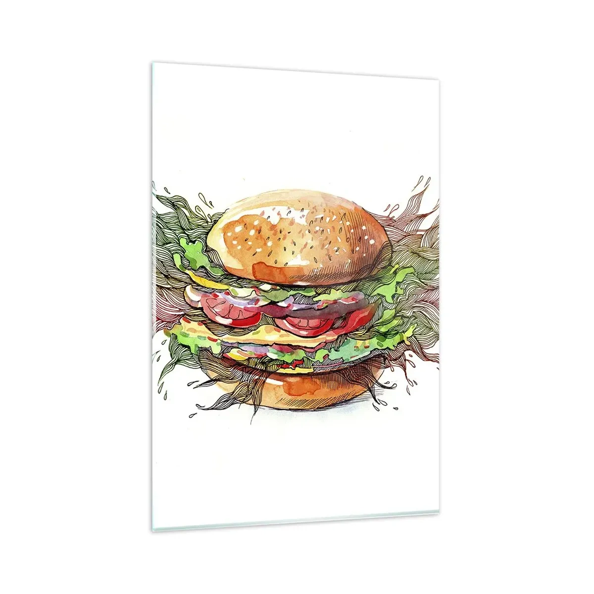 Impression sur verre - Image sur verre - Illustration artistique d'un burger avec des éléments dynamiques - 80x120cm - Tentation chaude - Décoration murale moderne pour le salon et la chambre ARTTOR