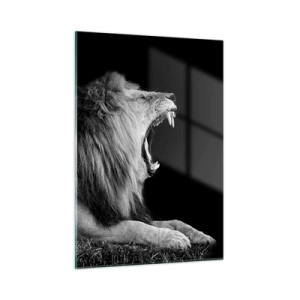 Impression sur verre - Image sur verre - Portrait noir et blanc d'un lion rugissant contre une ombre - 50x70cm - Sans aucun doute - Décoration murale moderne pour le salon et la chambre ARTTOR