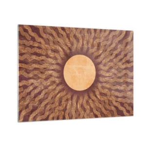 Impression sur verre - Image sur verre - Un soleil stylisé avec des rayons en forme de lignes ondulées sur un fond marron. - 70x50cm - Icône du soleil - Décoration murale moderne pour le salon et la chambre ARTTOR