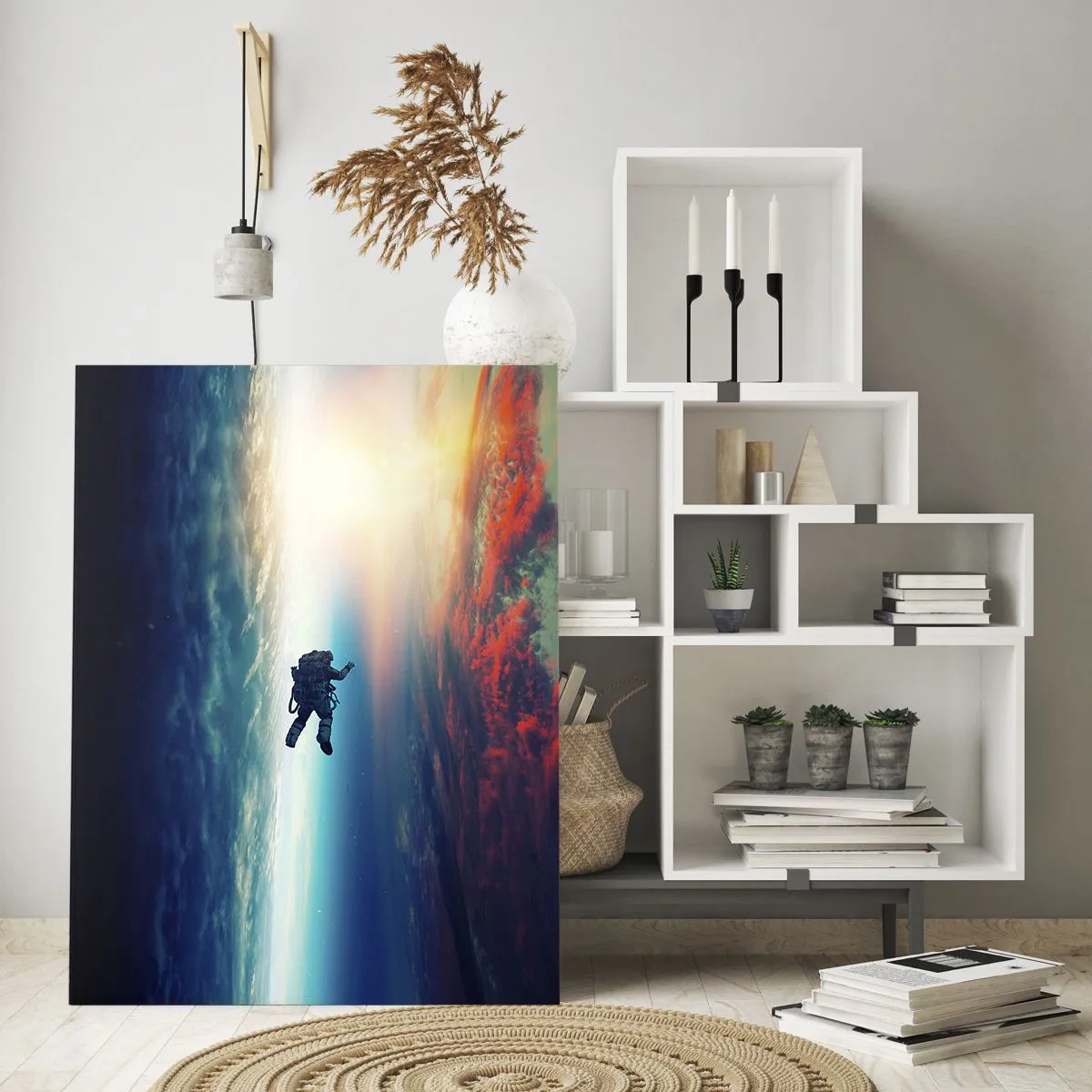 Impression sur verre - Image sur verre - Un astronaute flottant dans l'espace au-dessus d'une Terre colorée - 80x120cm - Affronter l'univers - Décoration murale moderne pour le salon et la chambre ARTTOR