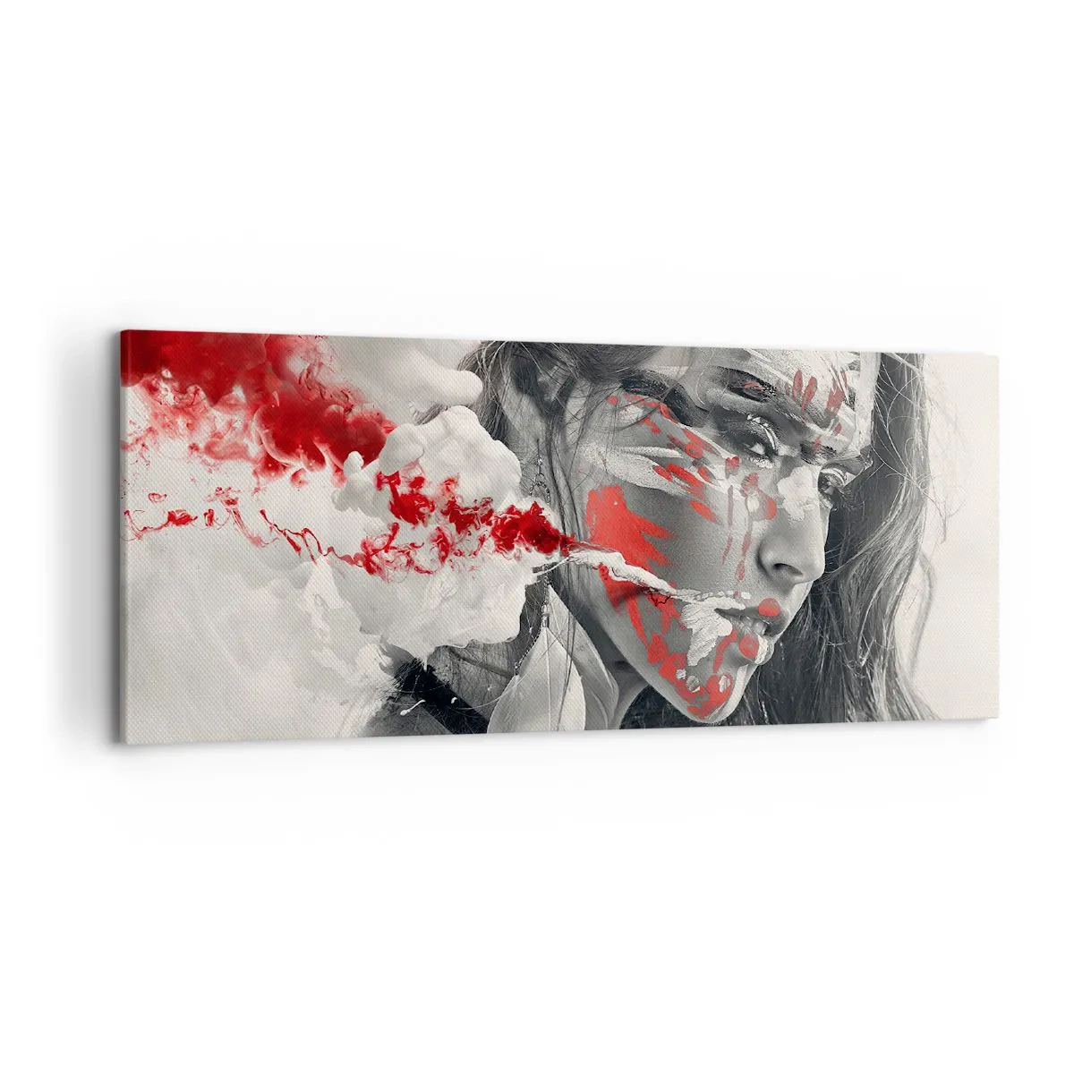 Impression sur toile - Image sur toile - Portrait artistique d'une femme aux accents rouges abstraits - 120x50cm - Dans les fumées de l'absurde - Décoration murale moderne pour le salon et la chambre ARTTOR