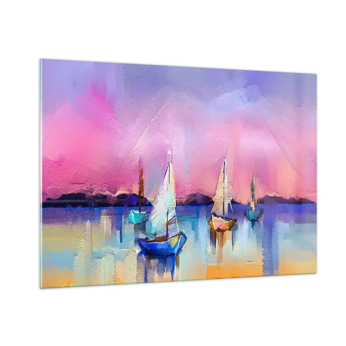 Impression sur verre - Image sur verre - Marina abstraite avec voiliers au coucher du soleil - 100x70cm - Direction: les eaux larges - Décoration murale moderne pour le salon et la chambre ARTTOR