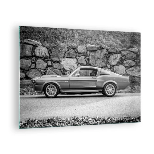 Impression sur verre - Image sur verre - Une voiture classique contre un mur de pierre - 70x50cm - Légende des années 60 - Décoration murale moderne pour le salon et la chambre ARTTOR