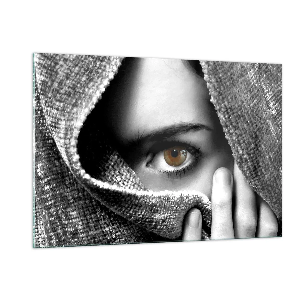 Impression sur verre - Image sur verre - Un œil caché derrière une texture de tissu monochrome - 120x80cm - Apprenez le secret - Décoration murale moderne pour le salon et la chambre ARTTOR