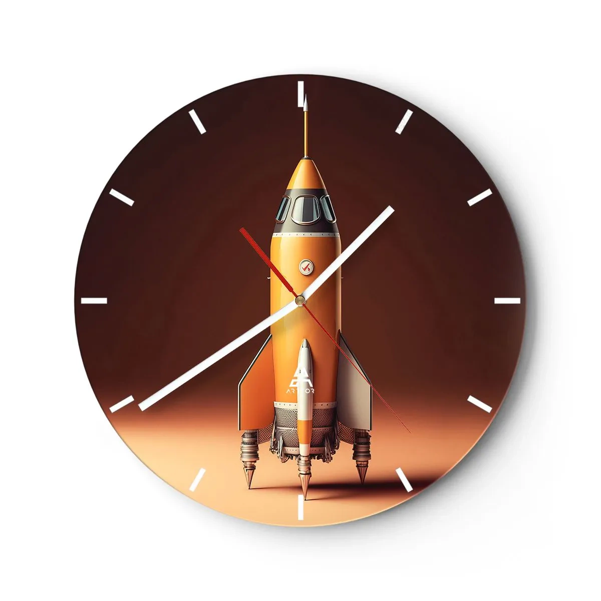 Horloge murale - Pendule murale - Une fusée orange prête à être lancée sur un fond sombre. - 30x30cm - Ça commence par un rêve - Décoration murale moderne pour le salon, la cuisine et la chambre ARTTOR