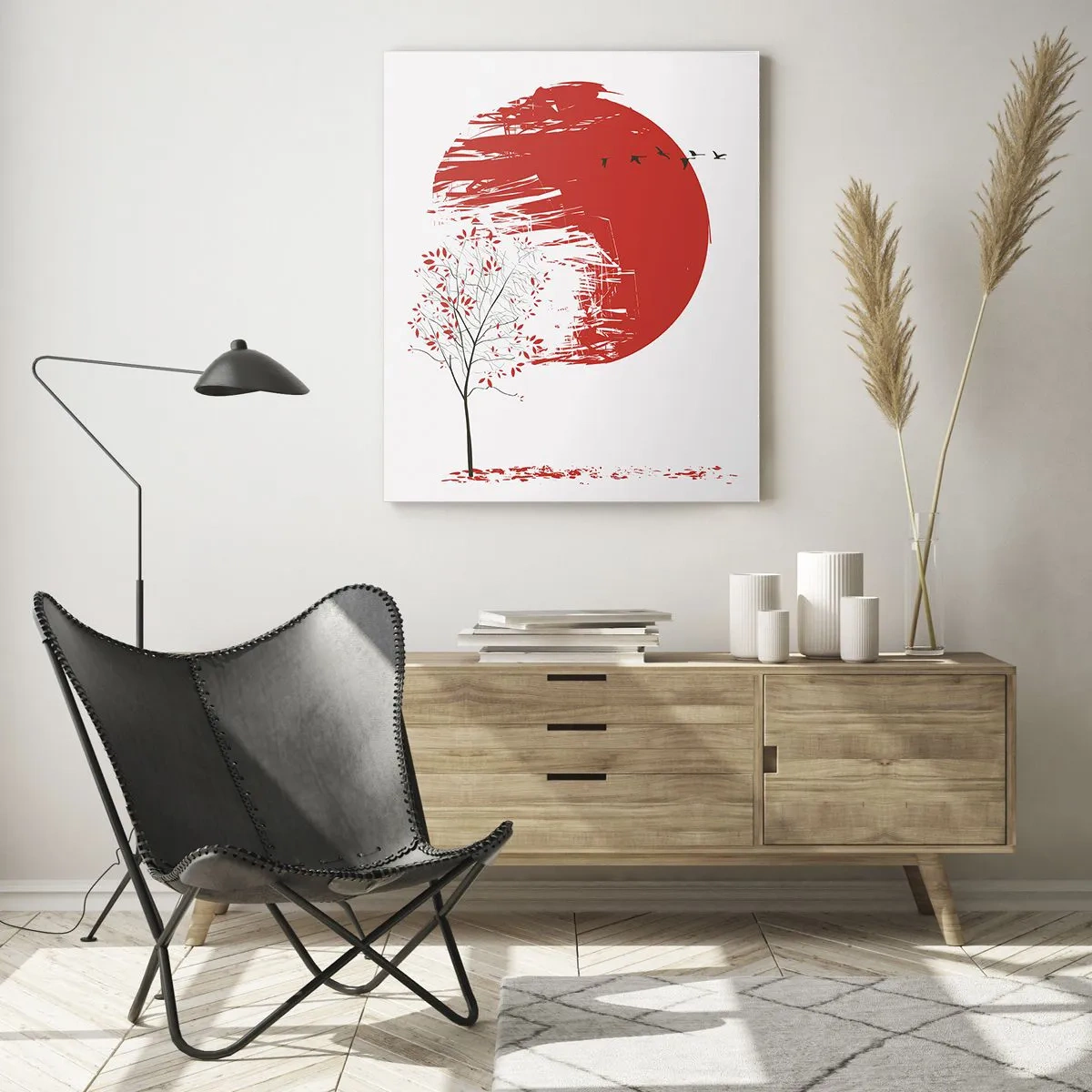 Impression sur verre - Image sur verre - Cercle rouge et arbre de style japonais - 70x100cm - Connaissez-vous ce pays ? - Décoration murale moderne pour le salon et la chambre ARTTOR