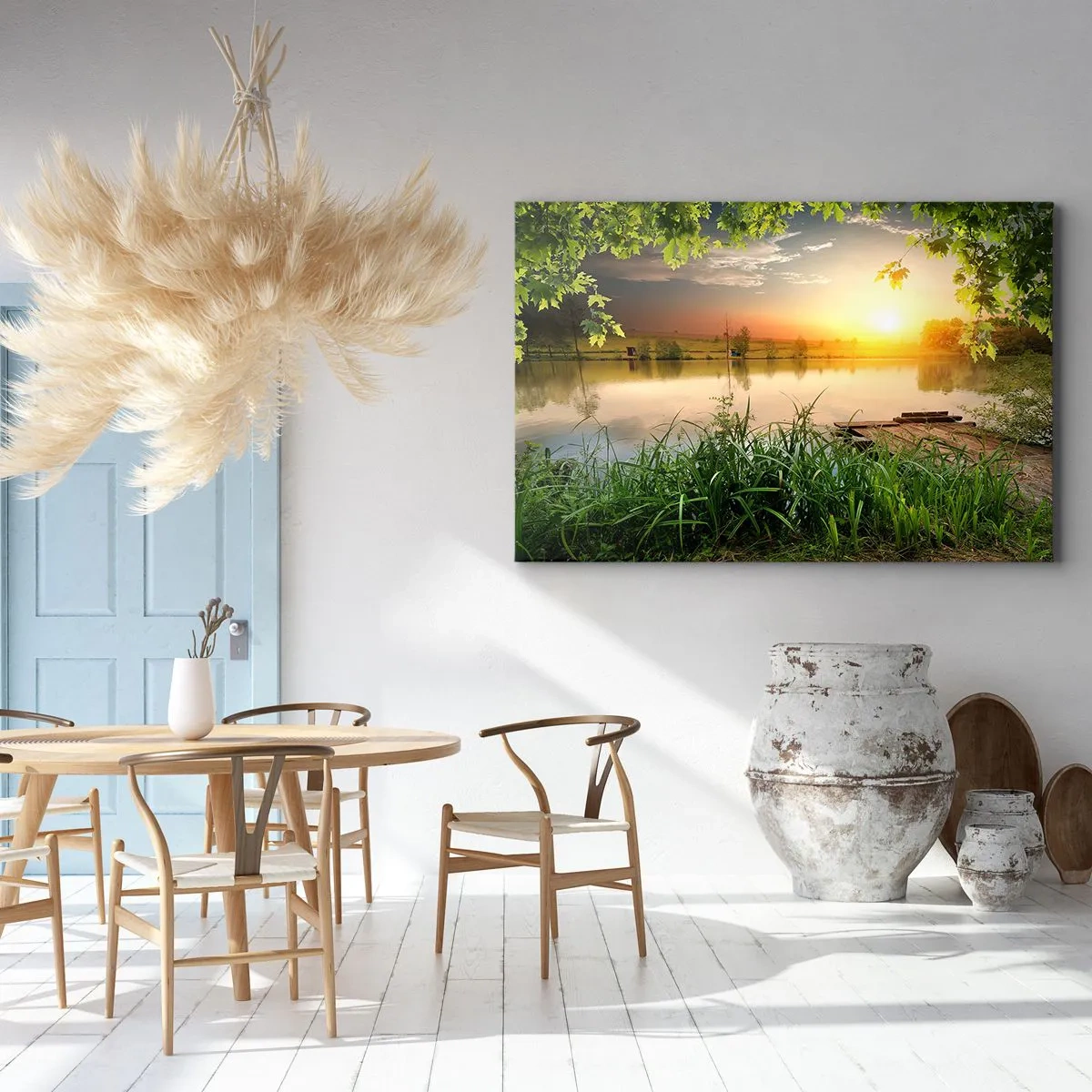 Impression sur toile - Image sur toile - Paysage verdoyant avec un lac au coucher du soleil - 70x50cm - Paysage dans un cadre verdoyant - Décoration murale moderne pour le salon et la chambre ARTTOR