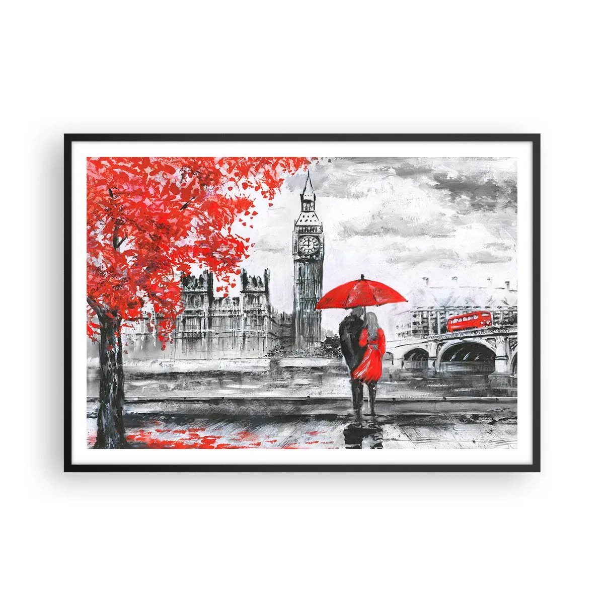 Affiche dans un cadre noir - Poster - Scène romantique avec Big Ben et un parapluie rouge - 100x70cm - Amoureux de Londres - Décoration murale moderne pour le salon et la chambre ARTTOR