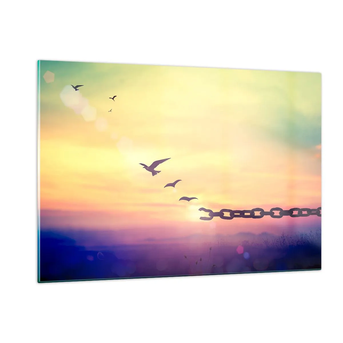 Impression sur verre - Image sur verre - Oiseaux en vol sur fond de chaîne et de coucher de soleil - 120x80cm - La victoire de la liberté - Décoration murale moderne pour le salon et la chambre ARTTOR