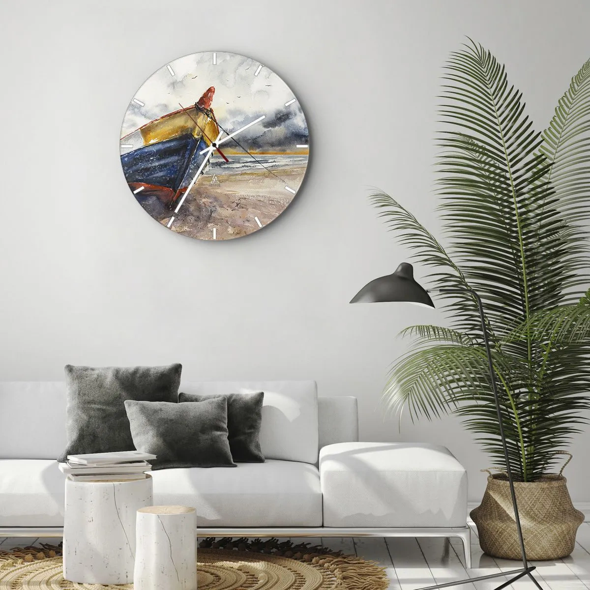 Horloge murale - Pendule murale - Un bateau coloré sur une plage de sable dans un style pictural - 30x30cm - Repos sur le rivage - Décoration murale moderne pour le salon, la cuisine et la chambre ARTTOR