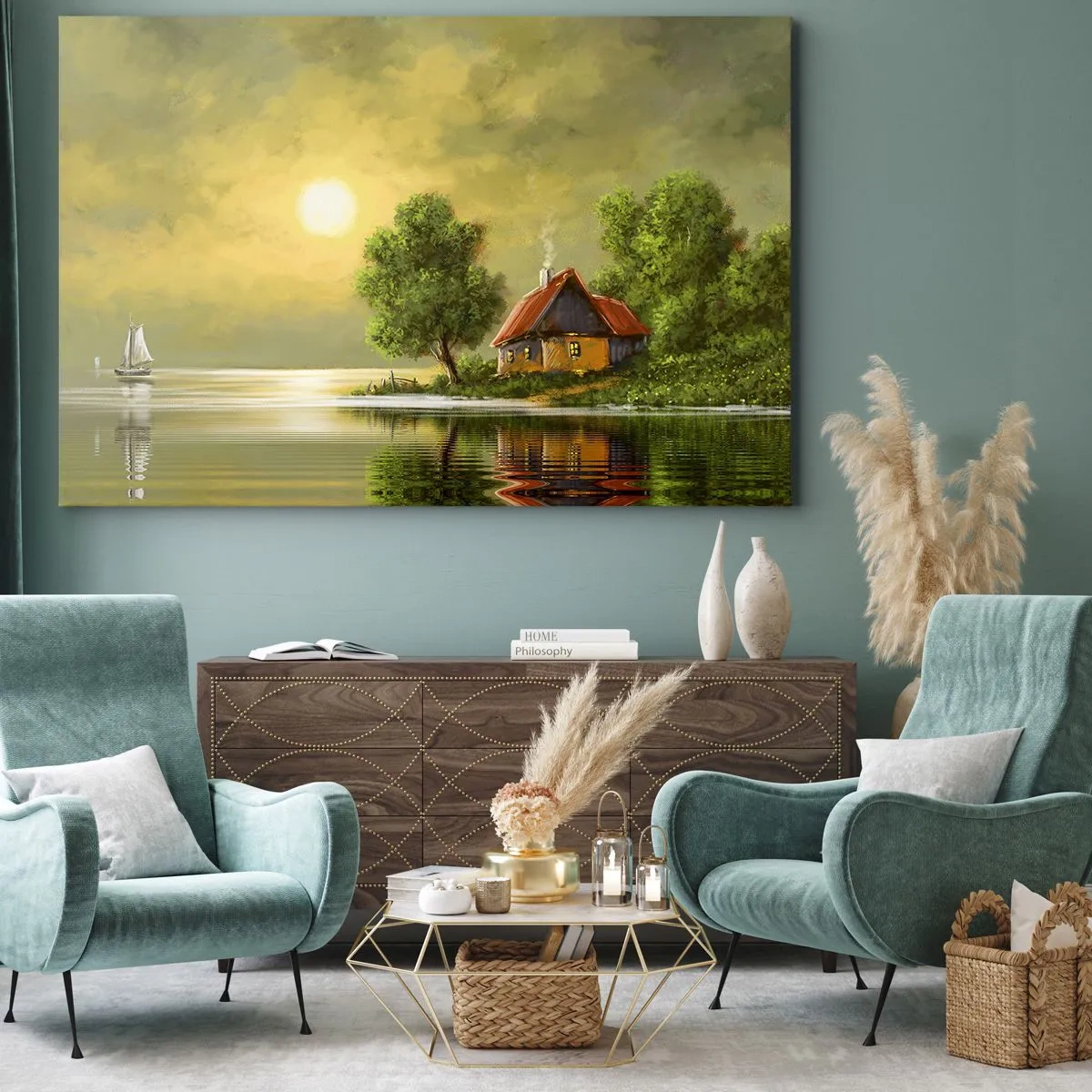 Impression sur toile - Image sur toile - Maison au bord du lac dans la lumière du coucher du soleil - 70x50cm - Beau, comme une image - Décoration murale moderne pour le salon et la chambre ARTTOR