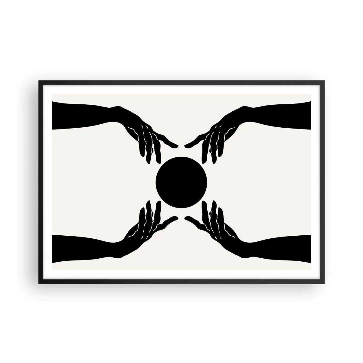 Affiche dans un cadre noir - Poster - Mains noires dans une composition symétrique avec une boule - 100x70cm - Signe secret - Décoration murale moderne pour le salon et la chambre ARTTOR