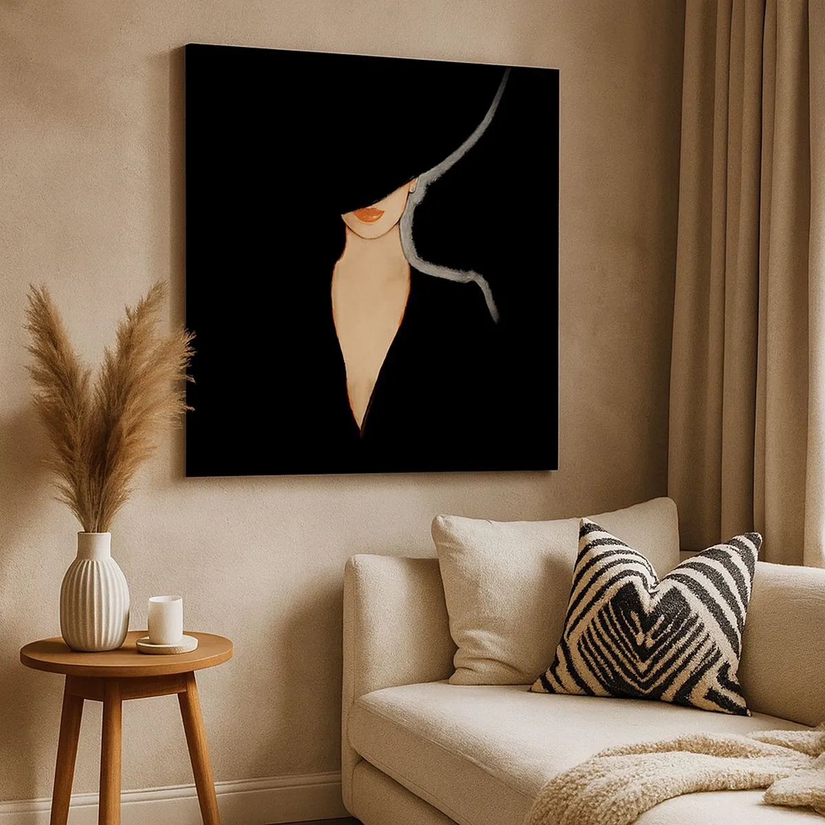 Impression sur toile - Image sur toile - Silhouette d'une femme au chapeau sur fond noir - 70x50cm - Élégance et style - Décoration murale moderne pour le salon et la chambre ARTTOR