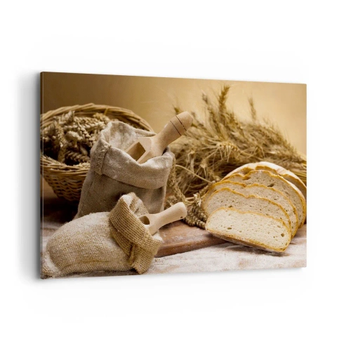 Impression sur toile - Image sur toile - Un paysage avec du pain, de la farine et des épis de blé dans un style rustique. - 120x80cm - Comment il coupe avec un couteau - Décoration murale moderne pour le salon et la chambre ARTTOR
