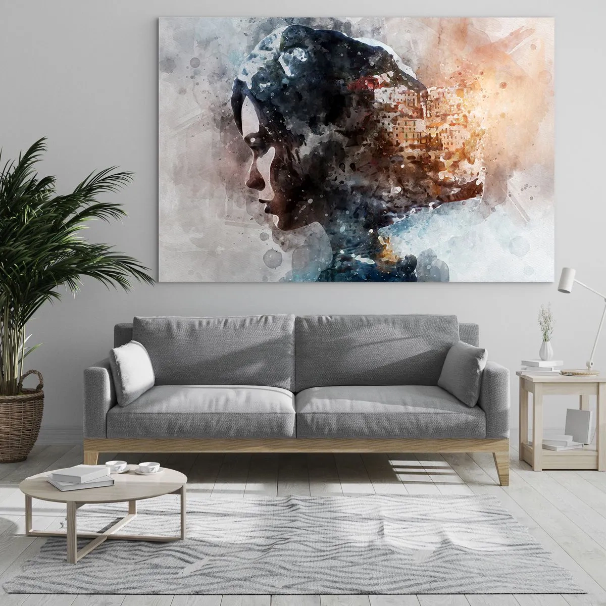 Impression sur verre - Image sur verre - Un profil de femme de style aquarelle avec une ville en arrière-plan. - 70x50cm - L'histoire d'une fille avec une ville en arrière-plan - Décoration murale moderne pour le salon et la chambre ARTTOR