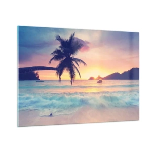 Impression sur verre - Image sur verre - Plage de palmiers au coucher du soleil avec un bateau à l'horizon - 100x70cm - Une soirée à la baie - Décoration murale moderne pour le salon et la chambre ARTTOR