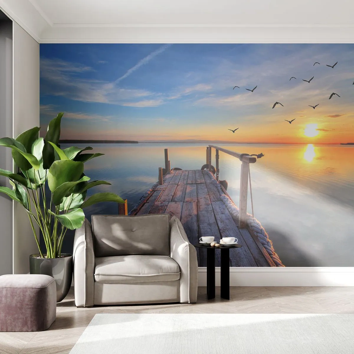 Papier Peint Photo Premium Canvas - Marcher droit vers le soleil - Paysage, Lac, Pont de bois - 450x315 cm