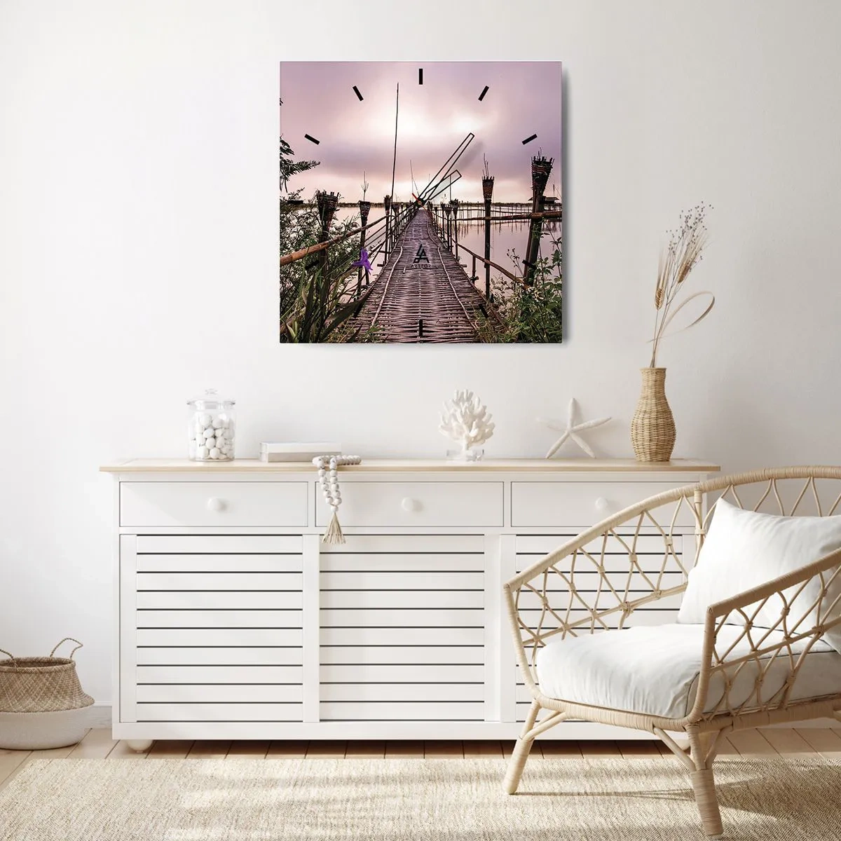 Horloge murale - Pendule murale - Pont de bambou sur l'eau à l'aube - 30x30cm - Le silence et le calme d'Asie - Décoration murale moderne pour le salon et la chambre ARTTOR